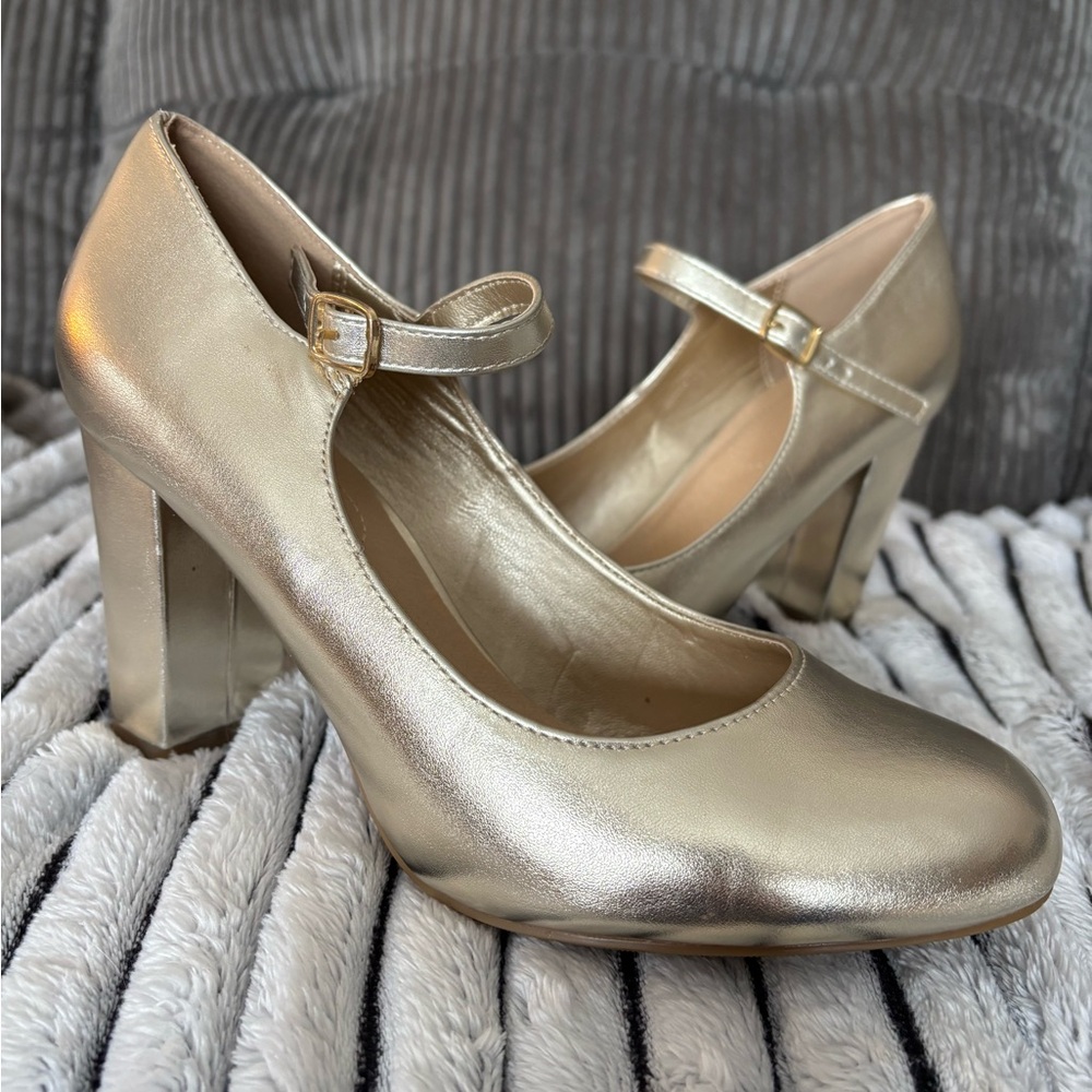 J. Adams Gold Mary Jane Block Heels
